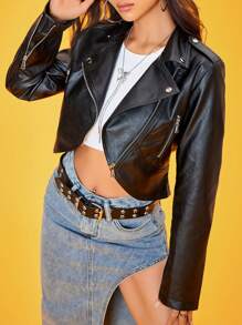 SHEIN Unity Zip Up PU Leather Moto Jacket - Black - View 2