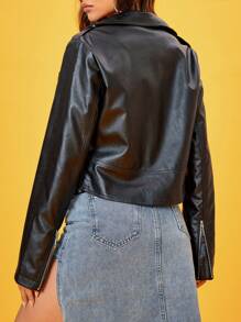 SHEIN Unity Zip Up PU Leather Moto Jacket - Black - View 3