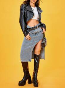 SHEIN Unity Zip Up PU Leather Moto Jacket - Black - View 5