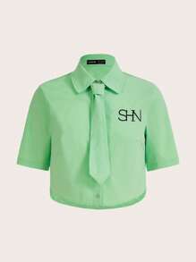 SHEINNeu 字母刺繡前紐扣襯衫帶系帶 - 綠色 - 查看 1