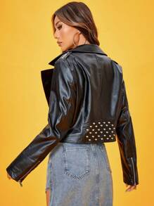 SHEIN Essnce 拉鏈開襟亮面機車夾克 - 黑色 - 查看 3