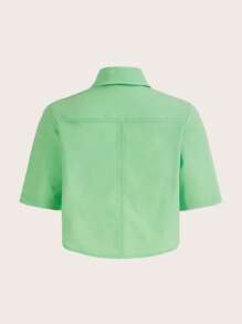 SHEINNeu 字母刺繡前紐扣襯衫帶系帶 - 綠色 - 查看 2
