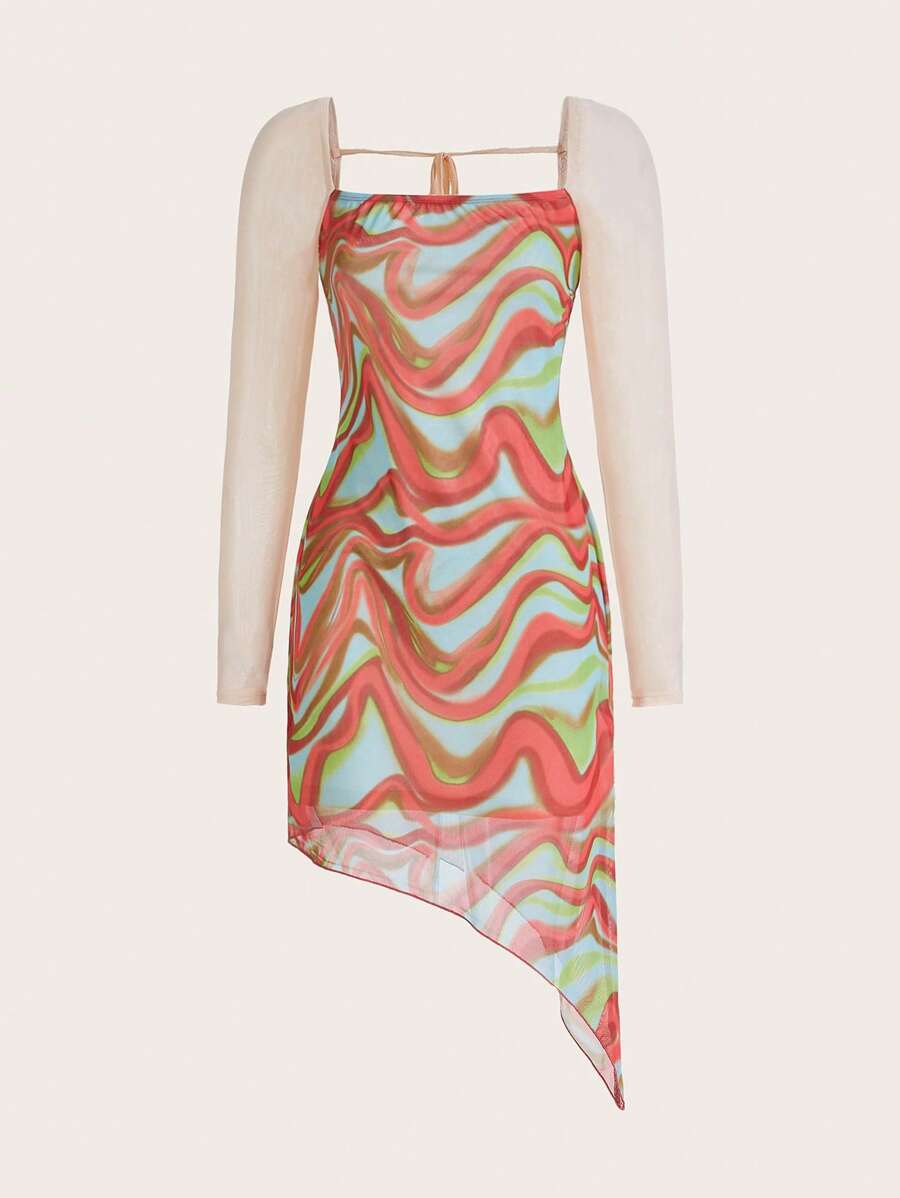 SHEINNeu 大理石圖案不對稱下擺網紗洋裝 - 彩色 - 查看 1