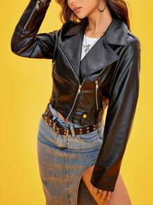 SHEIN Essnce 拉鏈開襟亮面機車夾克 - 黑色 - 查看 5