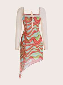 SHEINNeu 大理石圖案不對稱下擺網紗洋裝 - 彩色 - 查看 2