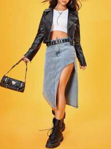 SHEIN Essnce 拉鏈開襟亮面機車夾克 - 黑色 - 查看 6