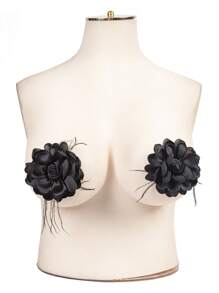 Black Fabric Flower Breast Petals With Rhinestone Details For Lingerie - Black - View 1