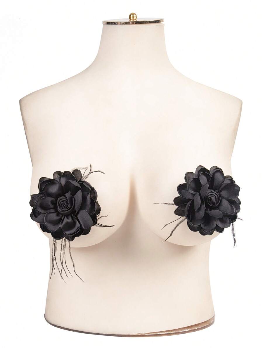 Black Fabric Flower Breast Petals With Rhinestone Details For Lingerie - Black - View 1