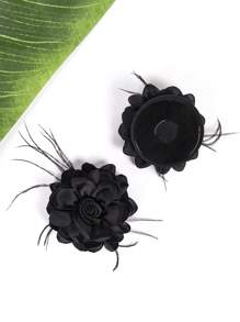 Black Fabric Flower Breast Petals With Rhinestone Details For Lingerie - Black - View 2