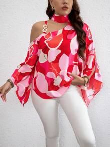 SHEIN Clasi Plus Allover Print Asymmetrical Neck Chain Detail Trumpet Sleeve Blouse For New Year Clothes Áo một bên vai - Đỏ - Xem 1