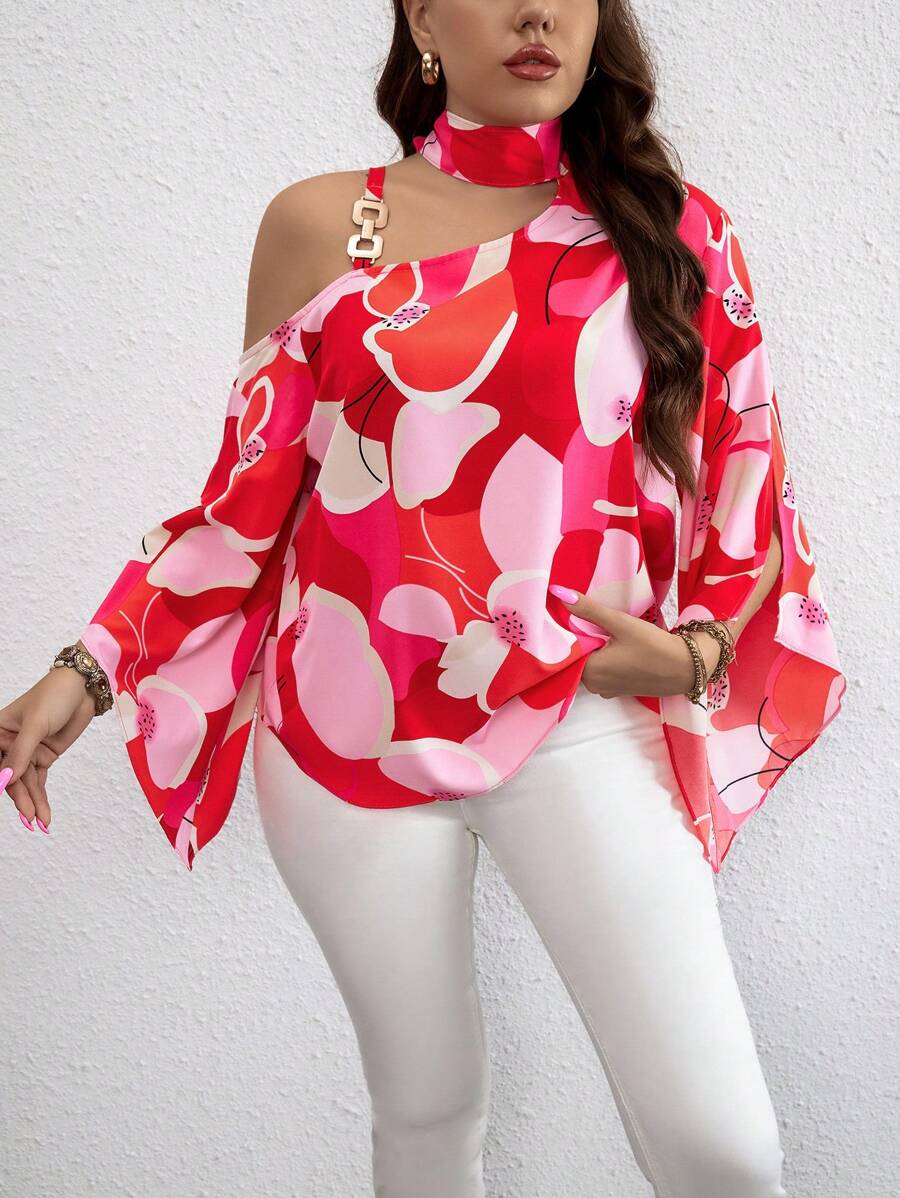 SHEIN Clasi Plus Allover Print Asymmetrical Neck Chain Detail Trumpet Sleeve Blouse For New Year Clothes Áo một bên vai - Đỏ - Xem 1