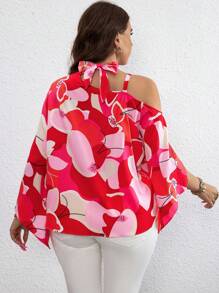 SHEIN Clasi Plus Allover Print Asymmetrical Neck Chain Detail Trumpet Sleeve Blouse For New Year Clothes Áo một bên vai - Đỏ - Xem 2