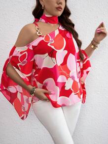 SHEIN Clasi Plus Allover Print Asymmetrical Neck Chain Detail Trumpet Sleeve Blouse For New Year Clothes Áo một bên vai - Đỏ - Xem 3
