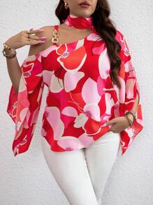 SHEIN Clasi Plus Allover Print Asymmetrical Neck Chain Detail Trumpet Sleeve Blouse For New Year Clothes Áo một bên vai - Đỏ - Xem 4