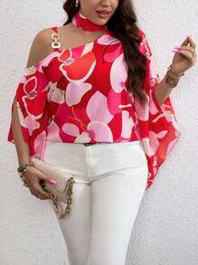 SHEIN Clasi Plus Allover Print Asymmetrical Neck Chain Detail Trumpet Sleeve Blouse For New Year Clothes Áo một bên vai - Đỏ - Xem 5