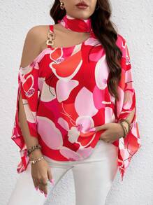 SHEIN Clasi Plus Allover Print Asymmetrical Neck Chain Detail Trumpet Sleeve Blouse For New Year Clothes Áo một bên vai - Đỏ - Xem 6