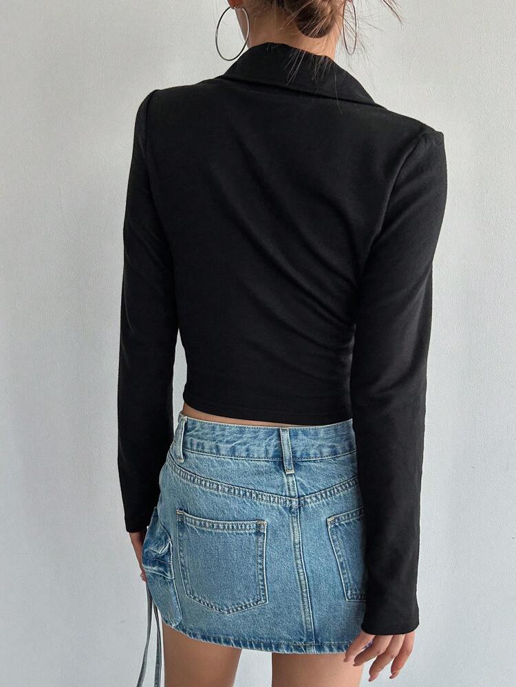 Solid Half Zip Crop Tee Long Sleeve Women Tops