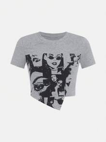 SHEIN Leap Crew 女大童人像圖案不對稱下擺T恤 - 淺灰色 - 查看 1