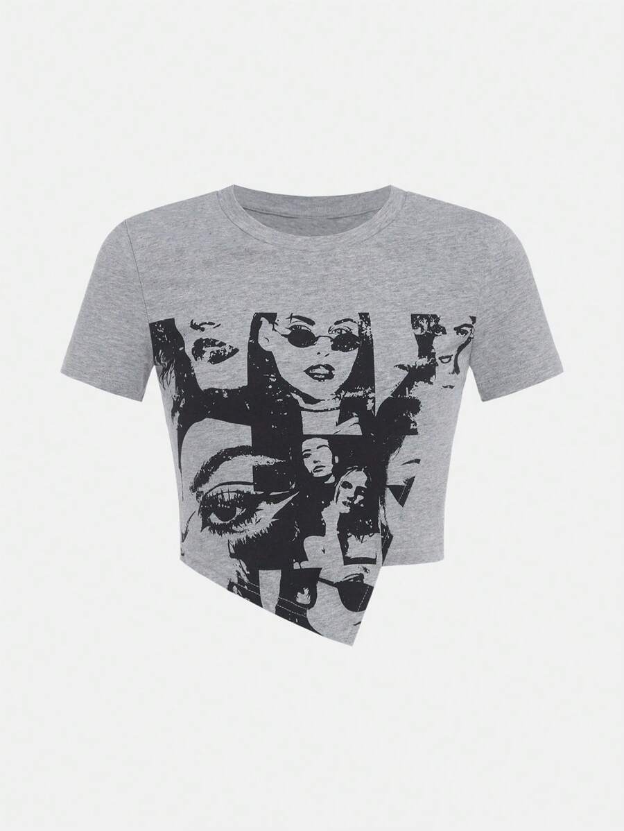 SHEIN Leap Crew 女大童人像圖案不對稱下擺T恤 - 淺灰色 - 查看 1