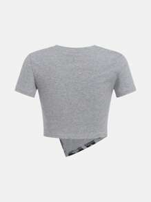 SHEIN Leap Crew 女大童人像圖案不對稱下擺T恤 - 淺灰色 - 查看 2