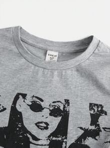 SHEIN Leap Crew 女大童人像圖案不對稱下擺T恤 - 淺灰色 - 查看 4