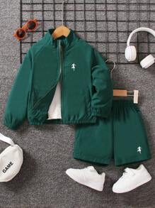 SHEIN Young Boy Figure Graphic Raglan Sleeve Jacket & Shorts - Green - View 1