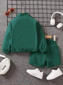 SHEIN Young Boy Figure Graphic Raglan Sleeve Jacket & Shorts - Green - View 2