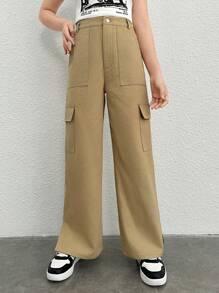 SHEIN Celana Anak Perempuan Remaja - Khaki - View 3