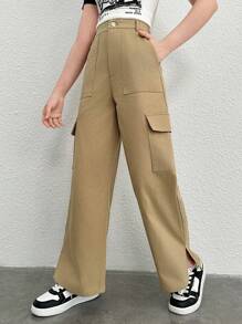 SHEIN Celana Anak Perempuan Remaja - Khaki - View 4