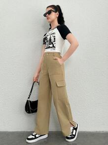 SHEIN Celana Anak Perempuan Remaja - Khaki - View 5
