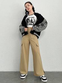 SHEIN Celana Anak Perempuan Remaja - Khaki - View 6