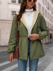 SHEIN LUNE 腰部抽繩毛絨內襯連帽外套 - 軍綠色 - 查看 1