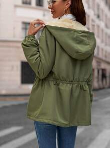 SHEIN LUNE 腰部抽繩毛絨內襯連帽外套 - 軍綠色 - 查看 2