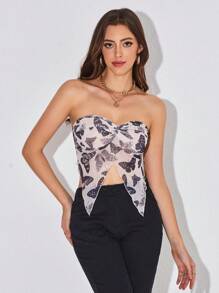 Marina Oliveira Butterfly Print Asymmetrical Hem Tube Top - Multicolor - View 1