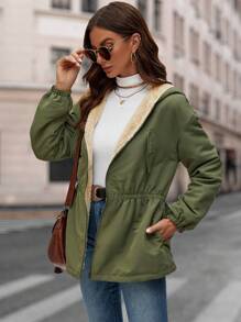 SHEIN LUNE 腰部抽繩毛絨內襯連帽外套 - 軍綠色 - 查看 3