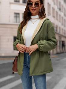 SHEIN LUNE 腰部抽繩毛絨內襯連帽外套 - 軍綠色 - 查看 4