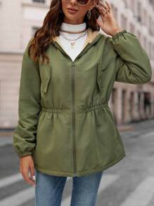 SHEIN LUNE 腰部抽繩毛絨內襯連帽外套 - 軍綠色 - 查看 5