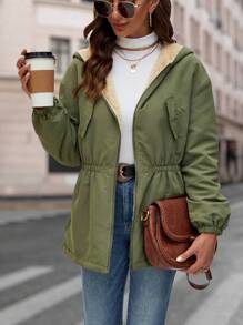 SHEIN LUNE 腰部抽繩毛絨內襯連帽外套 - 軍綠色 - 查看 6