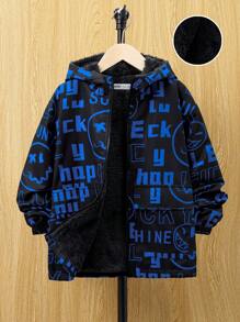SHEIN 男大童字母圖案毛絨內襯連帽外套 - 彩色 - 查看 1
