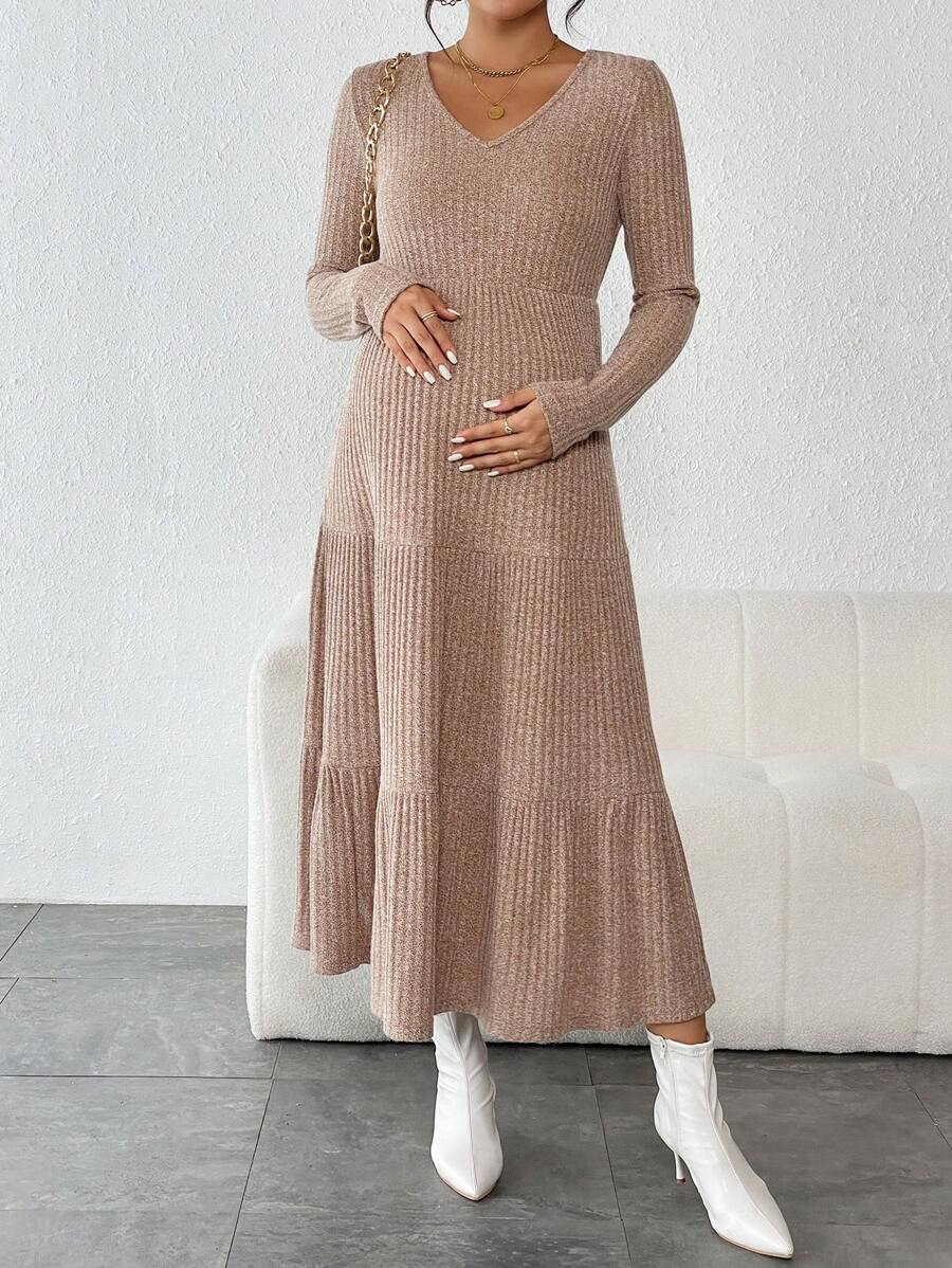 SHEIN Maternity V Neck Ruffle Hem Dress - Apricot - View 1