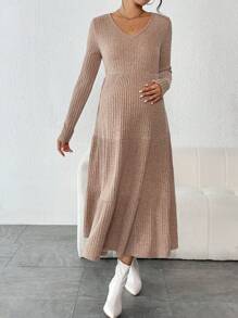 SHEIN Maternity V Neck Ruffle Hem Dress - Apricot - View 3