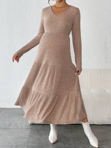 SHEIN Maternity V Neck Ruffle Hem Dress - Apricot - View 4