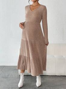 SHEIN Maternity V Neck Ruffle Hem Dress - Apricot - View 5