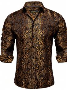 Men Plants Print Button Up Shirt - Gold - View 1