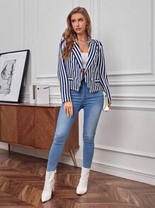 SHEIN Essnce 1 pièce Blazer À Rayures Col De Pointe - Bleu et Blanc - Voir 5