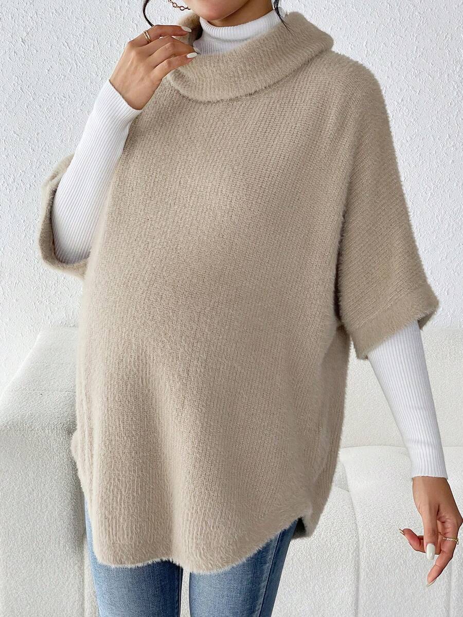 SHEIN Maternity Turtleneck Batwing Sleeve Sweater - Khaki - View 1