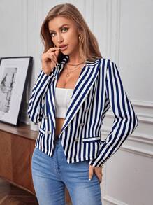 SHEIN Essnce 1 pièce Blazer À Rayures Col De Pointe - Bleu et Blanc - Voir 2