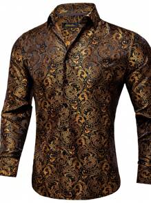 Men Plants Print Button Up Shirt - Gold - View 3