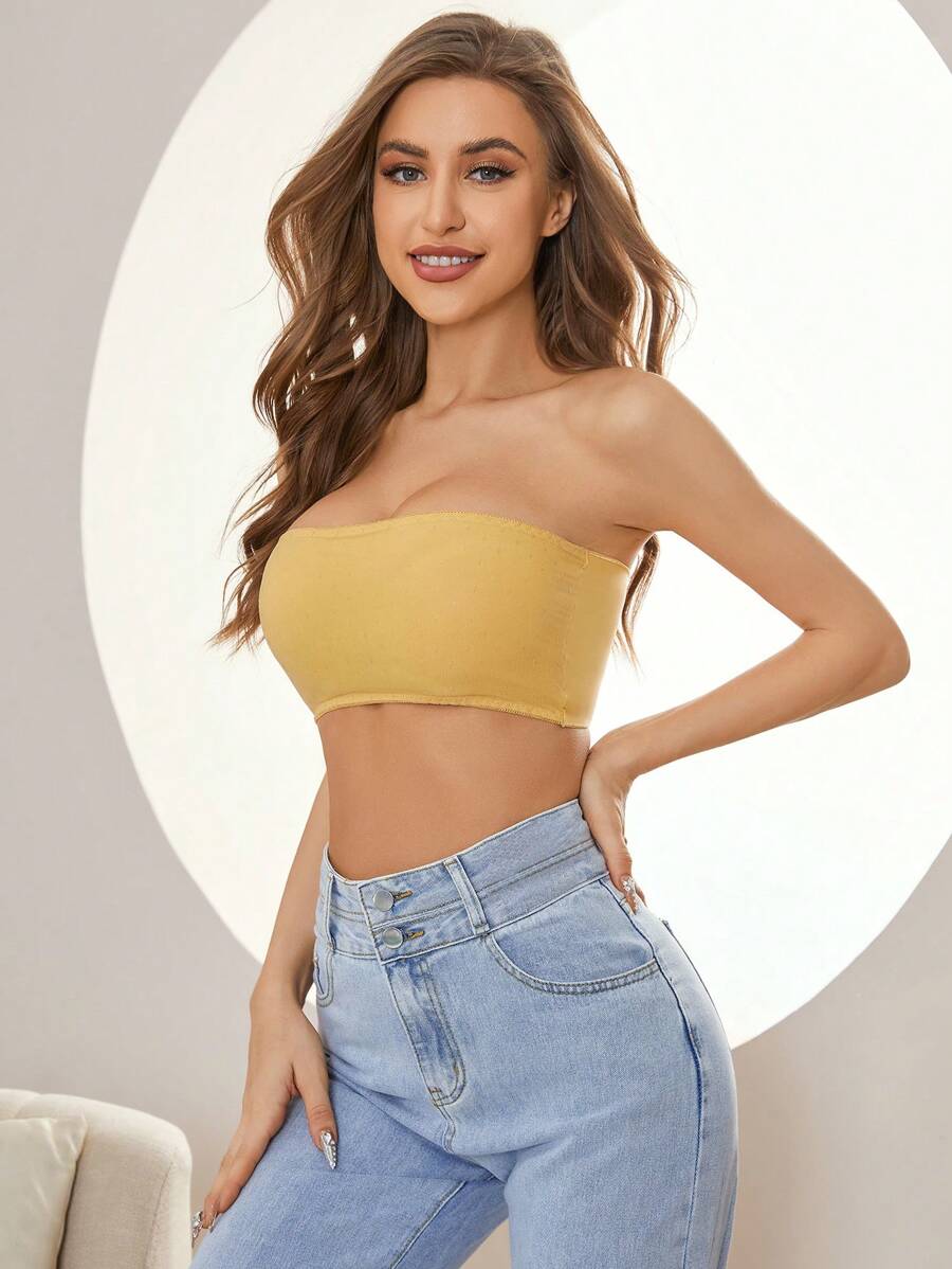 Women's Casual Comfy Yellow Knitted Plain Backless Tube Top Bra
