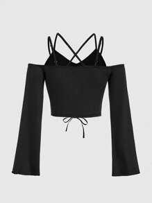 ROMWE Goth Chất rắn Coa dây Vai lạnh Áo - màu đen - Xem 2